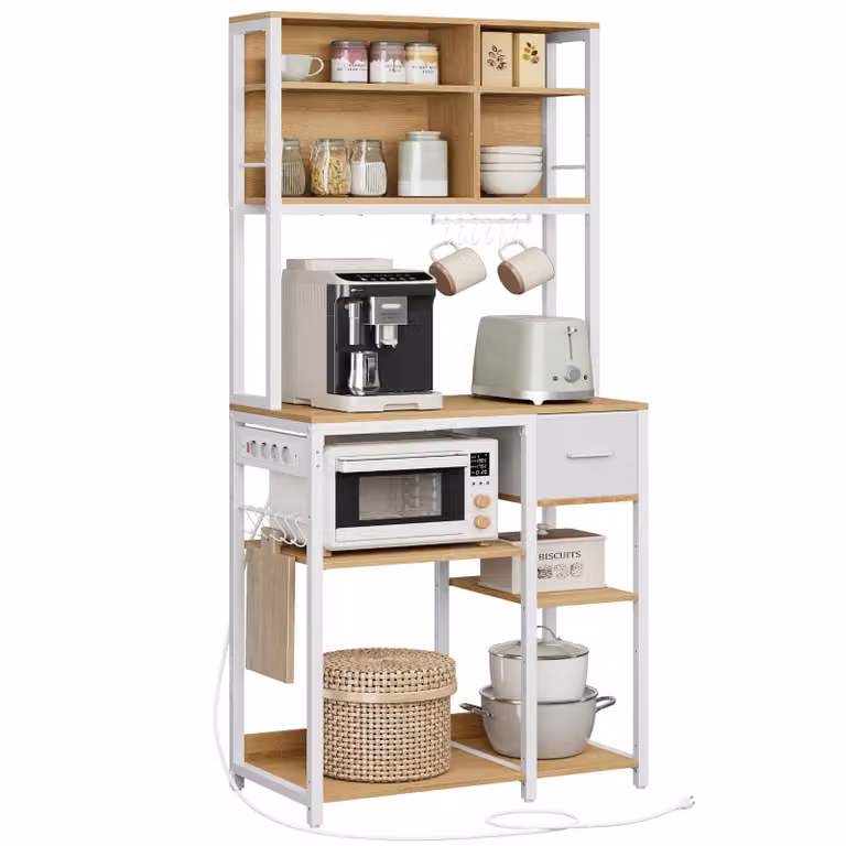 Scaffale da cucina VASAGLE con prese di corrente, ripiano in piedi, ripiano per microonde, ripiani regolabili, cassetto in tessuto, 12 ganci, 40 x 80 x 180,4 cm