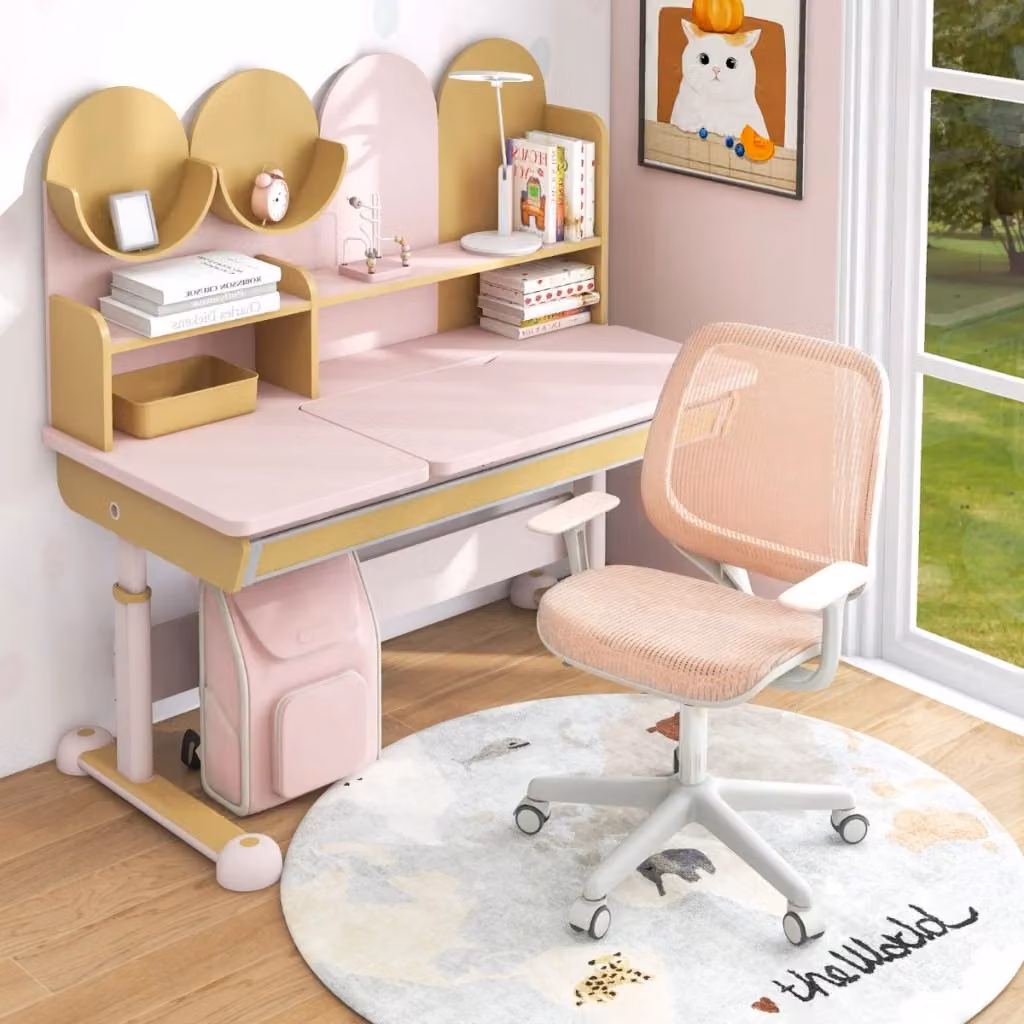 Sedia da scrivania girevole per bambini DESIGN IN, colore rosa, con braccioli morbidi e ruote con freno, regolabile in altezza – 2