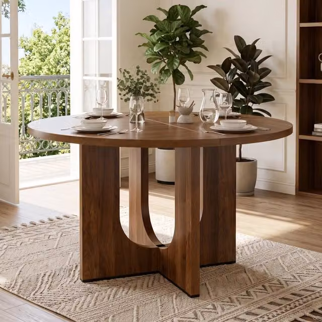 Tavolo da pranzo rotondo 120x120x75 cm per 4-6 persone; stile scandinavo minimalista; MDF effetto noce