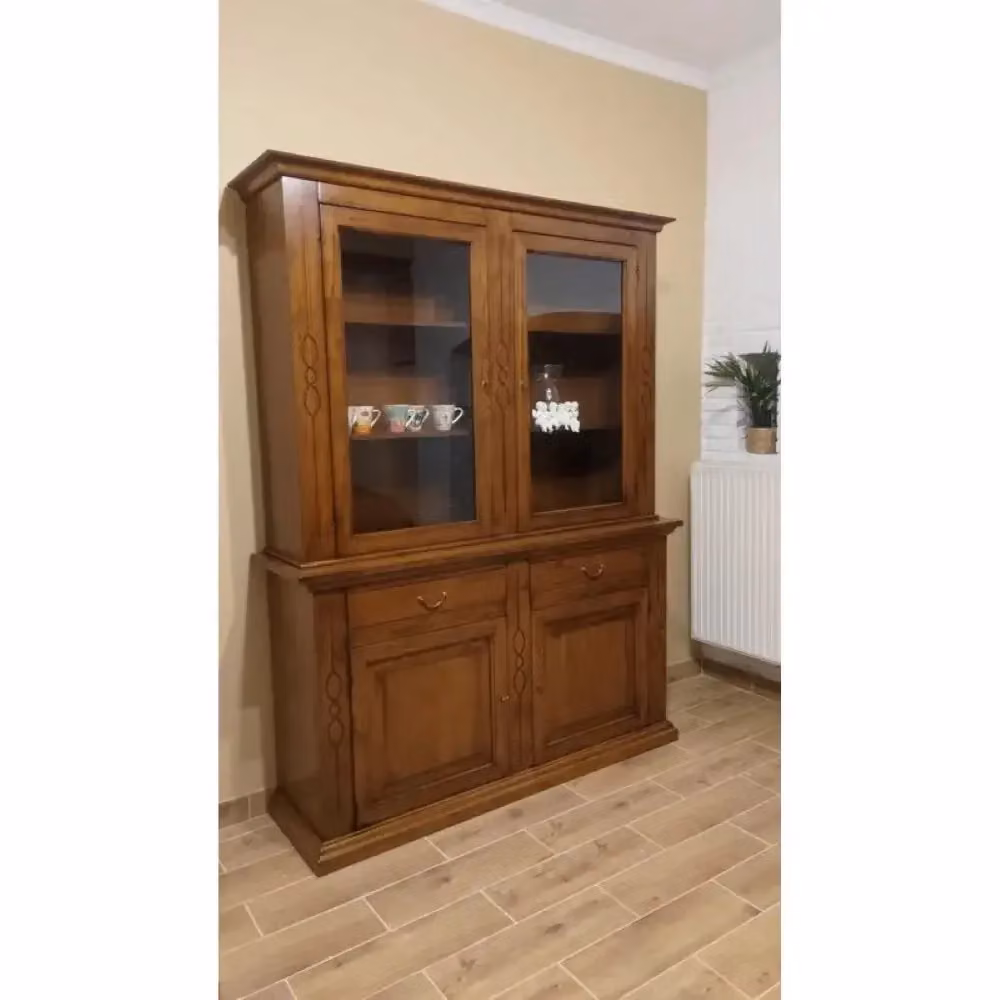 Cristalliera in stile arte povera Shopinnovativo con 4 ante in vetro e 2 cassetti in legno massello e MDF, finitura noce Bassano, H 222 x L 168 x P 48 cm – 2