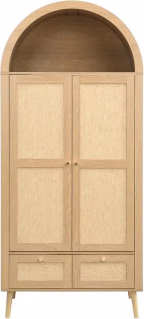 Armadio moderno con 2 ante, 2 cassetti, barra appendiabiti e nicchia aperta per camera da letto, rovere e rattan, L: 80 cm, P: 55 cm, H: 180 cm – 1
