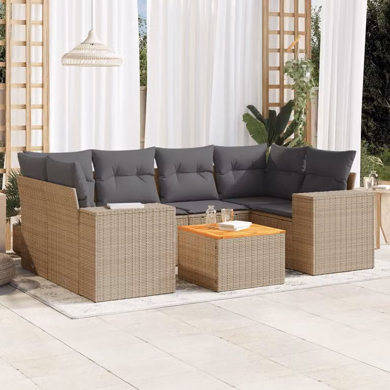 vidaXL Set Divani da Giardino 7 pz in Polyrattan con Cuscini Beige e Grigio
