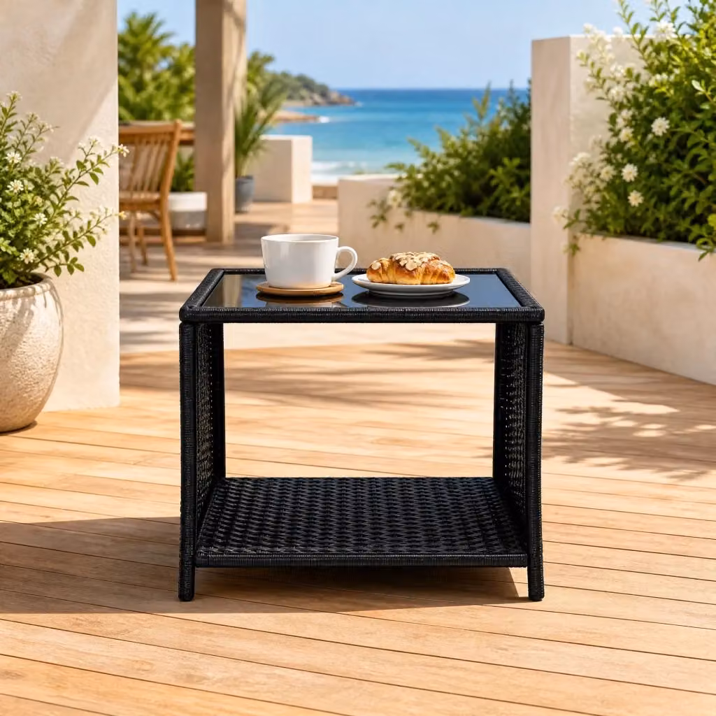 Tavolo da giardino moderno REDOM in polyrattan nero con vano portaoggetti e piano in vetro L/P/H: 45 x 45 x 40 cm – 2