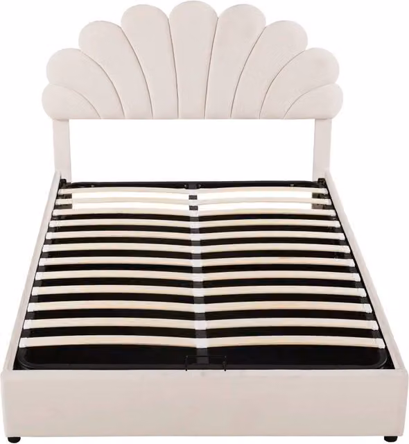 Letto matrimoniale imbottito 140x200 cm con contenitore idraulico in velluto beige