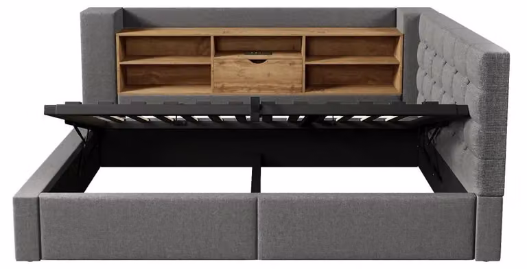 Letto imbottito senza materasso - Letto con illuminazione a LED - Contenitore a sollevamento idraulico - Testiera a forma di L - Rivestimento in lino - Dimensioni: 140 x 190 cm - Colore: grigio
