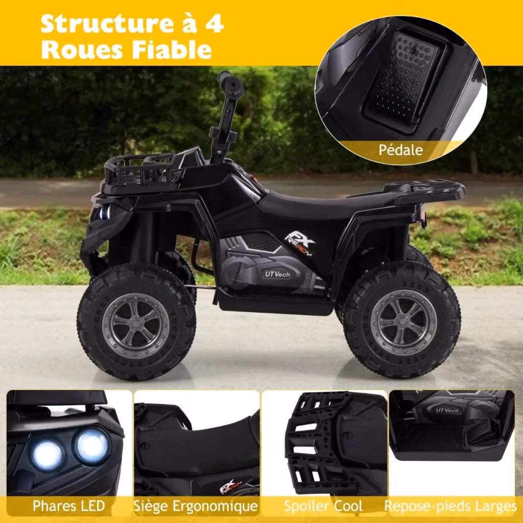 Quad elettrico per bambini con pneumatici pneumatici e lettore MP3, design moderno in PP nero, L/P/H: 74,93 x 45,72 x 55,88 cm – 2