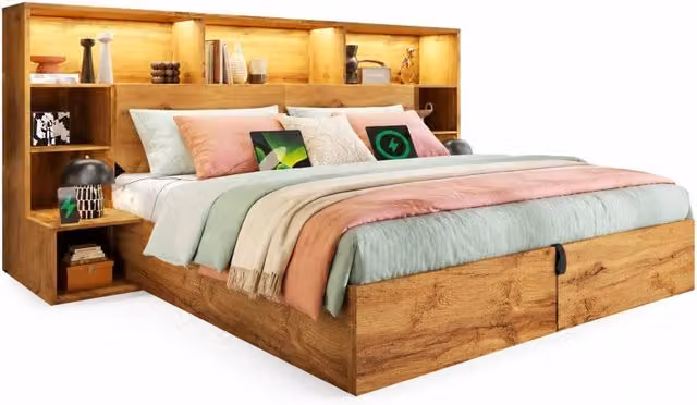 Letto matrimoniale contenitore 180x200 con LED， porte USB-A e USB-C， testiera con mensole e 4 cassetti integrati， senza materasso