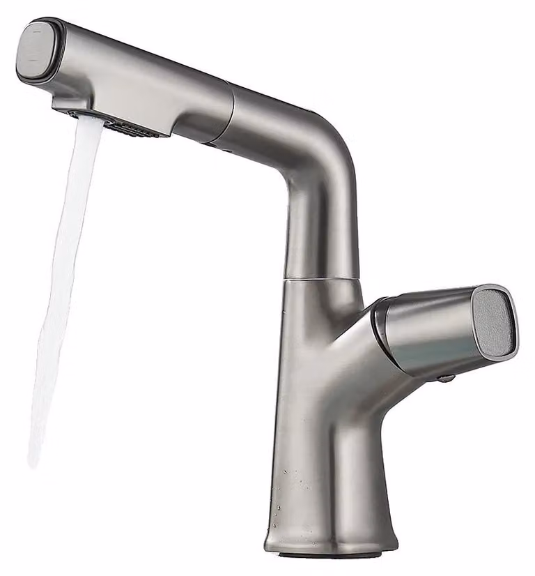 Rubinetto per lavabo, montato a soffitto, con design estraibile, colore grigio spazzolato