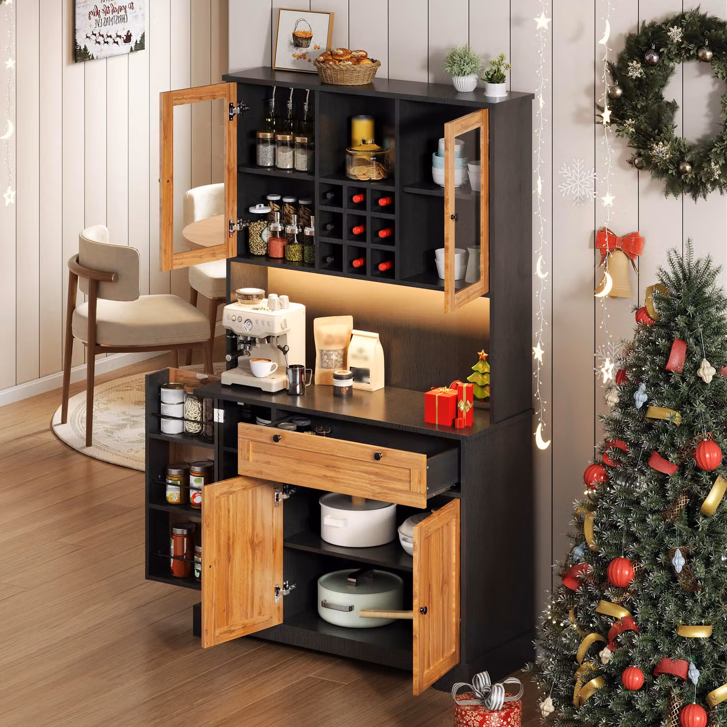 MODFU Mobile da cucina Credenza con illuminazione LED a colori variabili e presa di corrente, armadio alto con ripiano per spezie integrato, cassettiera con scomparti aperti, nero + naturale