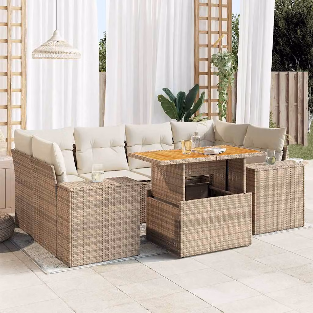 Set di divani da giardino vidaXL in 7 pezzi con polyrattan e cuscini beige per esterno
