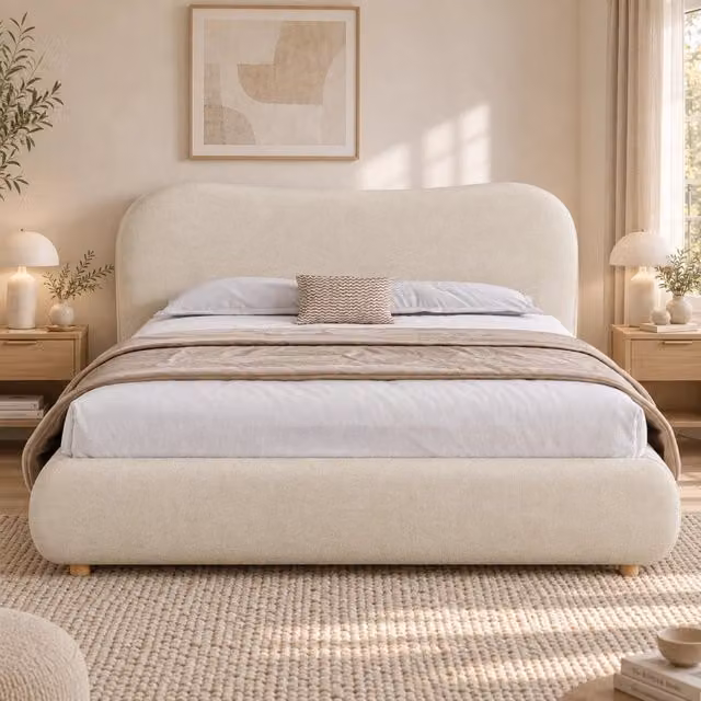 Letto matrimoniale 160x200 con contenitore idraulico e testiera imbottita; ciniglia beige