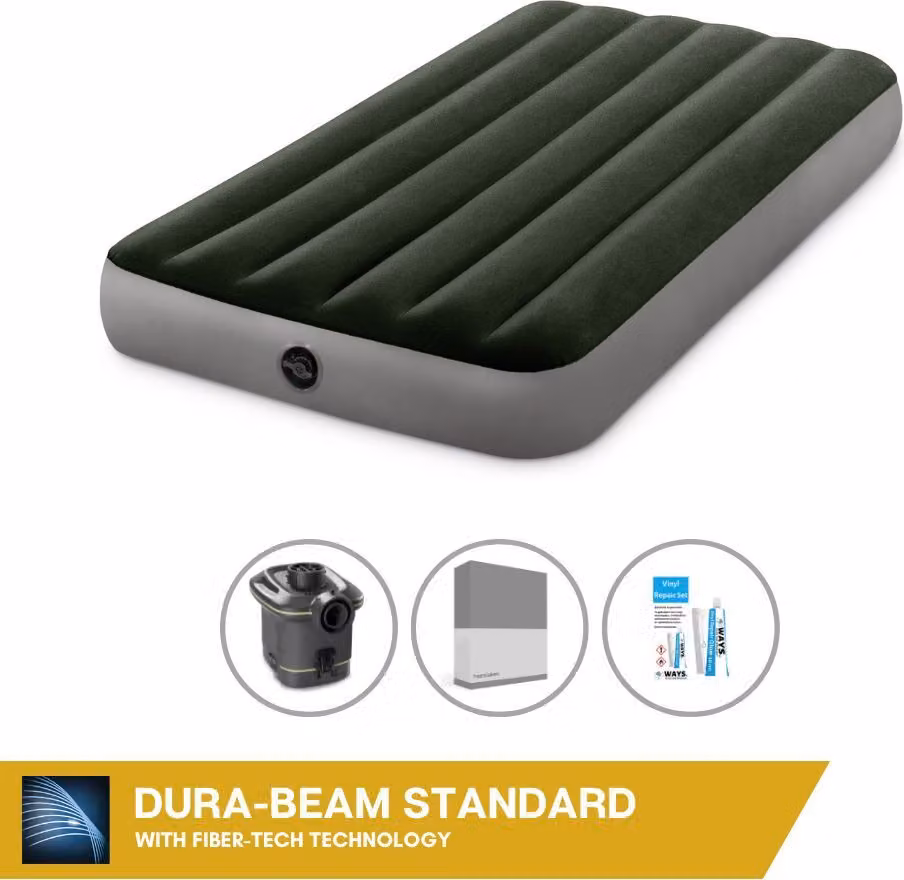 Letto ad aria Intex - 1 persona - 99 x 191 x 25 cm - Verde - Con pompa + lenzuola antracite + set di riparazione
