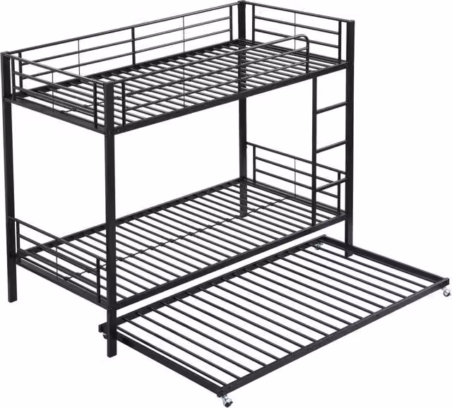 Letto a castello in ferro nero con letto estraibile e sponde di sicurezza, 90x200cm & 90x190cm