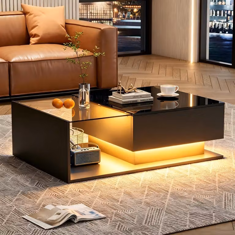 Tavolino, 100x50x32 cm, finitura lucida, piano in vetro, cassetti, resistente ai graffi, 1 cassetto, illuminazione LED, design moderno