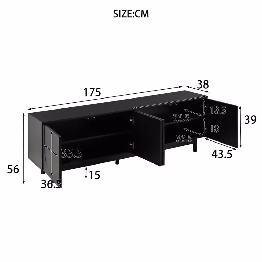 Mobile TV moderno REDOM nero con 4 ante in MDF e legno L/P/H: 175 x 38 x 56 cm – 2