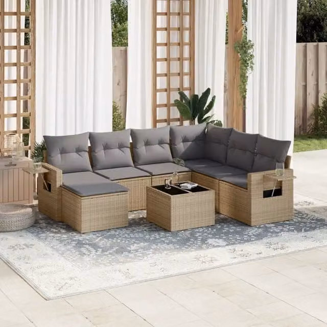 vidaXL Set Divano da Giardino 8 pz a Forma di L in Polyrattan con Cuscini Beige e Grigio