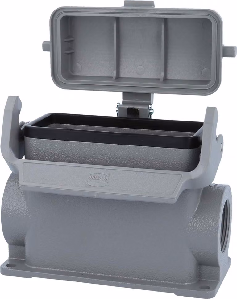 HARTING Han 16B Alloggiamento base alto, 2xPG21 uscita cavo laterale, con 1 staffa longitudinale con cappuccio protettivo in plastica - 1