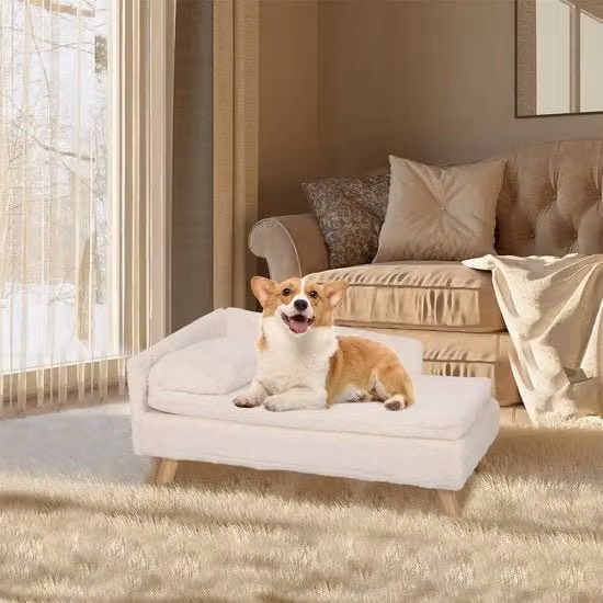 Sedia per cani e gatti Rakmishop impermeabile in tessuto beige con gambe in legno L: 80 cm, P: 50 cm, H: 39 cm