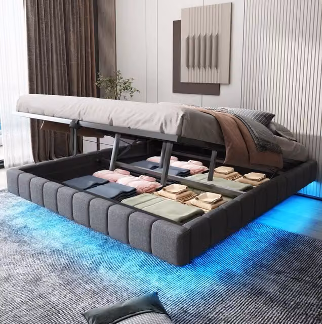Letto imbottito 180x200 cm sospeso con contenitore e LED; lino; grigio