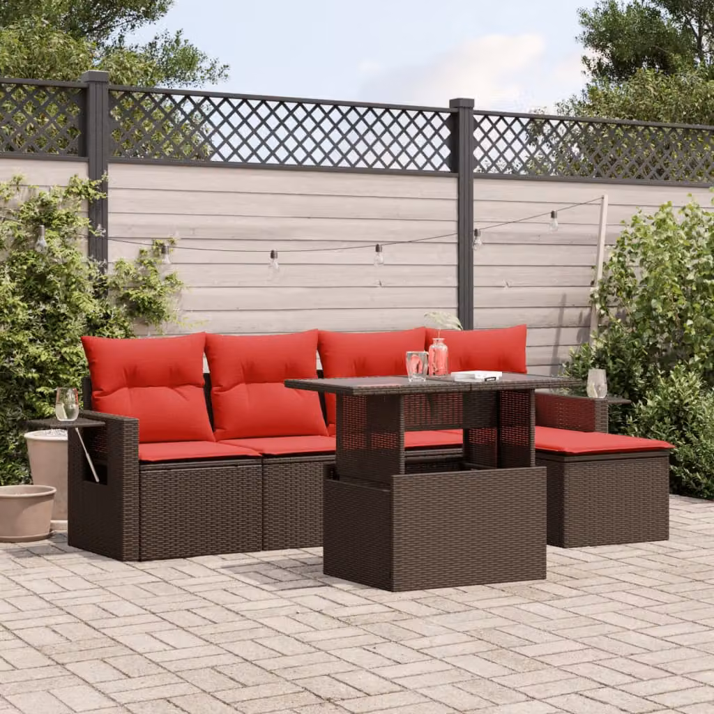 Set da giardino vidaXL in polyrattan marrone composto da 6 pezzi con cuscini imbottiti e tavolino