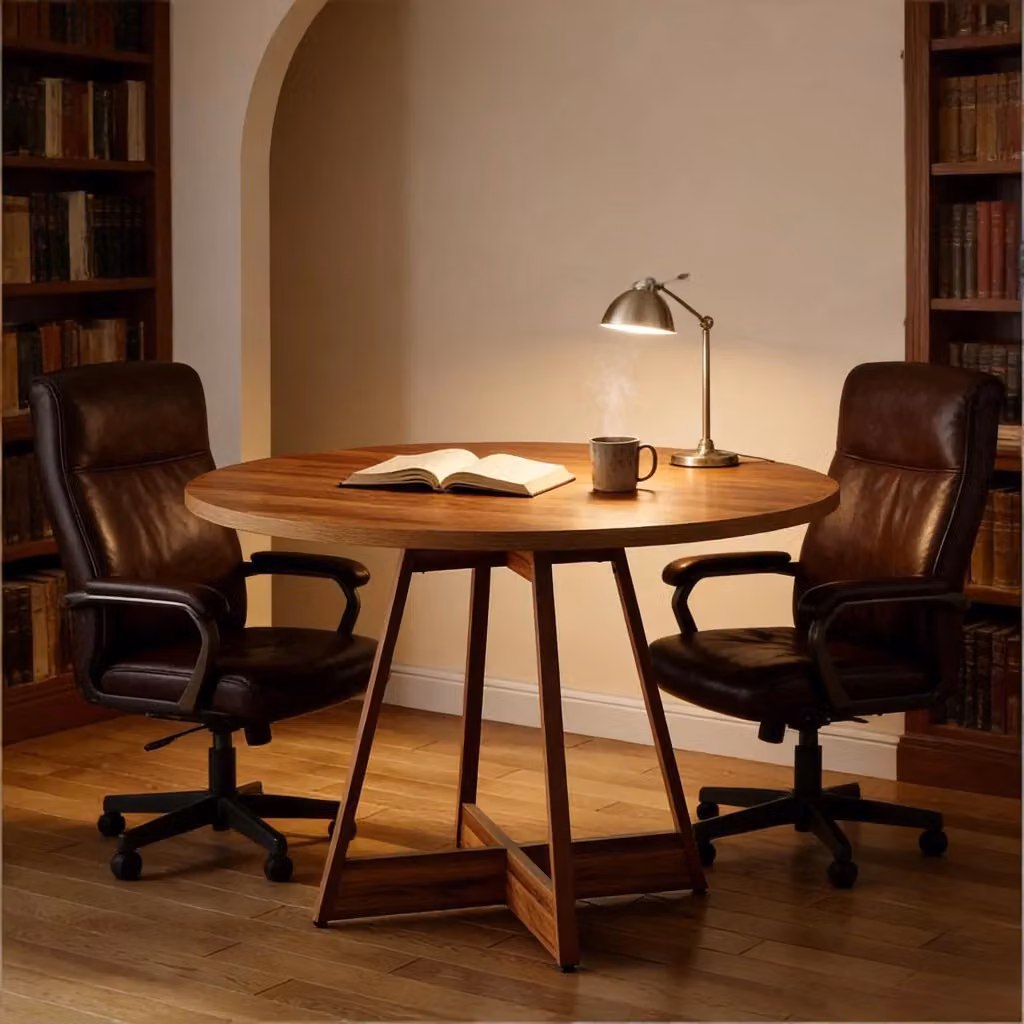 Tavolo da pranzo rotondo Mivray in MDF marrone con base a colonna centrale per cucina e sala da pranzo, Diametro: 100 cm – 2