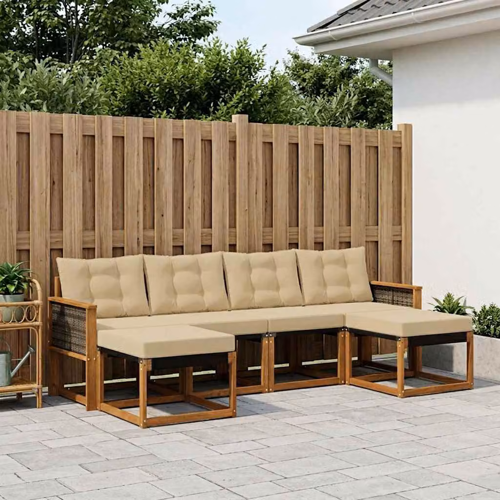Set di divani da esterno vidaXL 6 pz a forma di L in legno di acacia con cuscini beige e marrone
