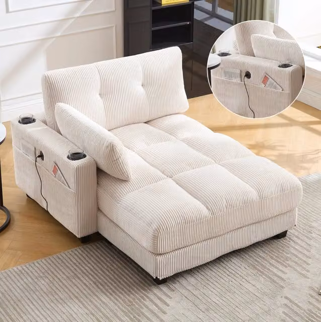 Poltrona relax 140x112x81 cm in tessuto beige con porta bicchieri, per salotto –
