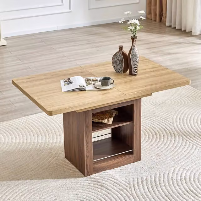 Tavolo allungabile da pranzo con 2 ripiani aperti in MDF effetto legno naturale e noce per 2–8 persone