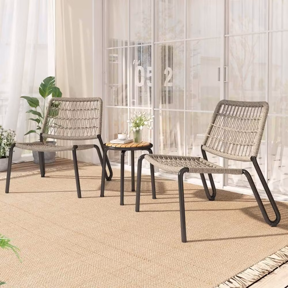 AIORBER Set bistrot 3 pezzi, set di mobili da balcone, in acciaio zincato, corda intrecciata a mano, piano del tavolo in legno d'acacia, per terrazza, 81x73,5x71,5cm, beige