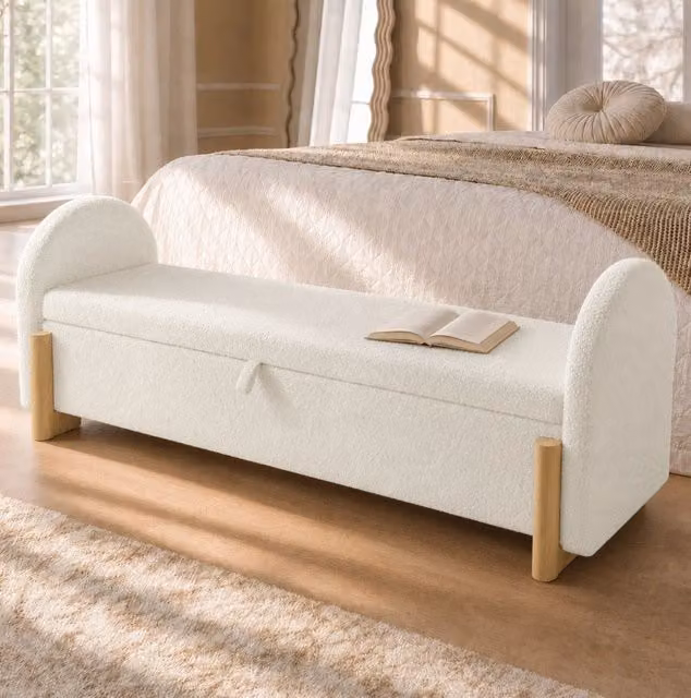 Panca contenitore 146x47x61 cm in boucl¨¦ con MDF e legno massello, bianca