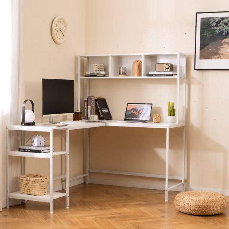 Scrivania angolare moderna Costway con libreria e ripiani per ufficio domestico, Bianco