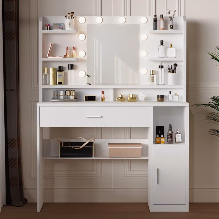 Tavolino da trucco - Tavolino per il trucco - Tavolino cosmetico - Tavolino per il trucco - Comodino - Bianco - Legno MDF - Illuminazione USB