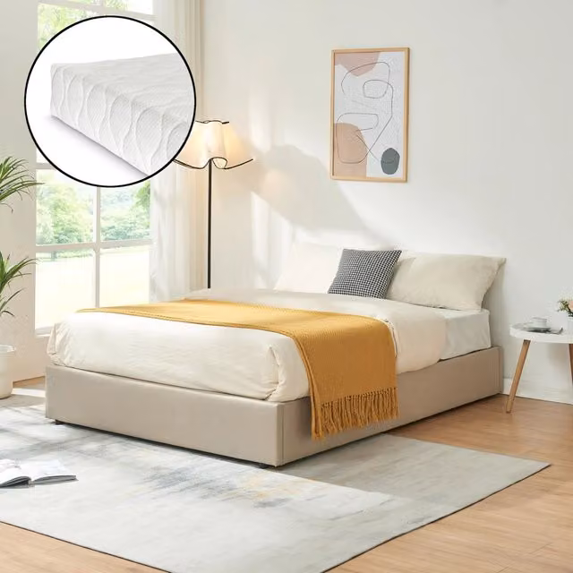 Letto Francese Contenitore Nola 140x200 cm con Materasso Apertura a Ribalta Rivestito in Tessuto Lino - Beige [en.casa]