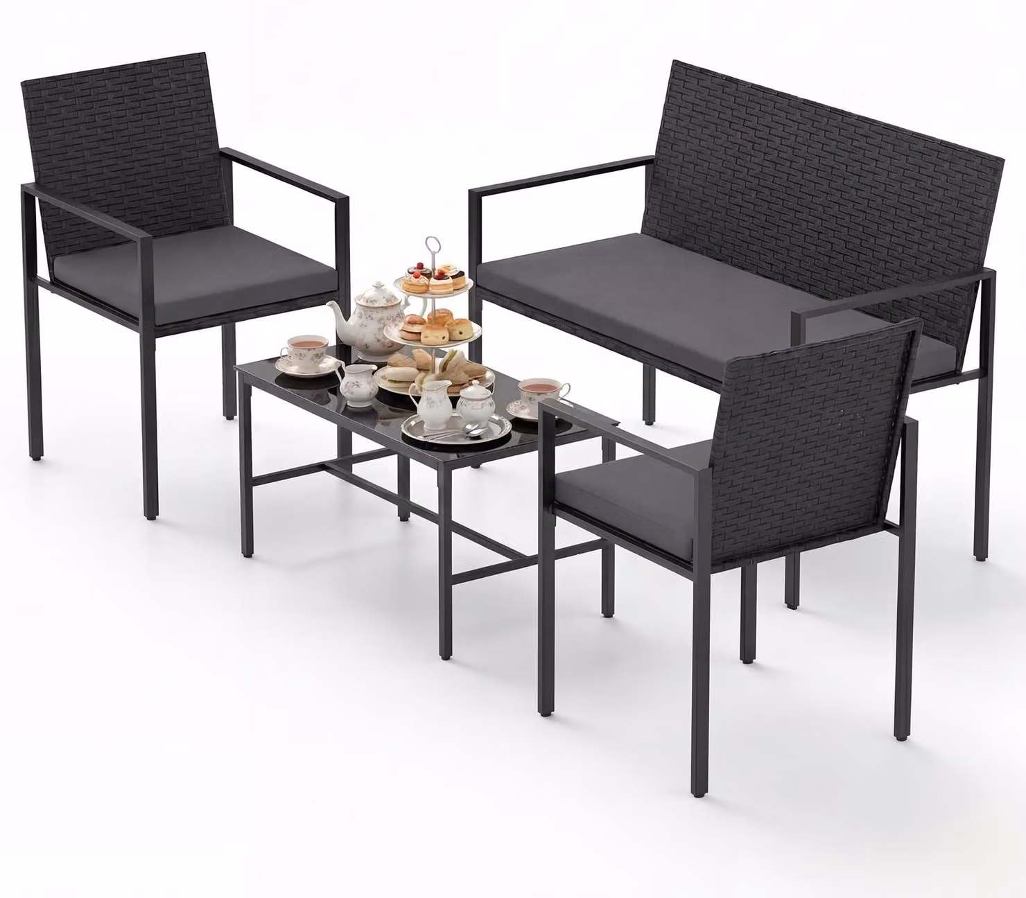 Set da giardino KOMFOTTEU, composto da 4 pezzi: sedie in rattan, divanetto a due posti con tavolino in vetro. Set da esterno con struttura in metallo, cuscini imbottiti, ideale per terrazzi, giardini, piscine e balconi