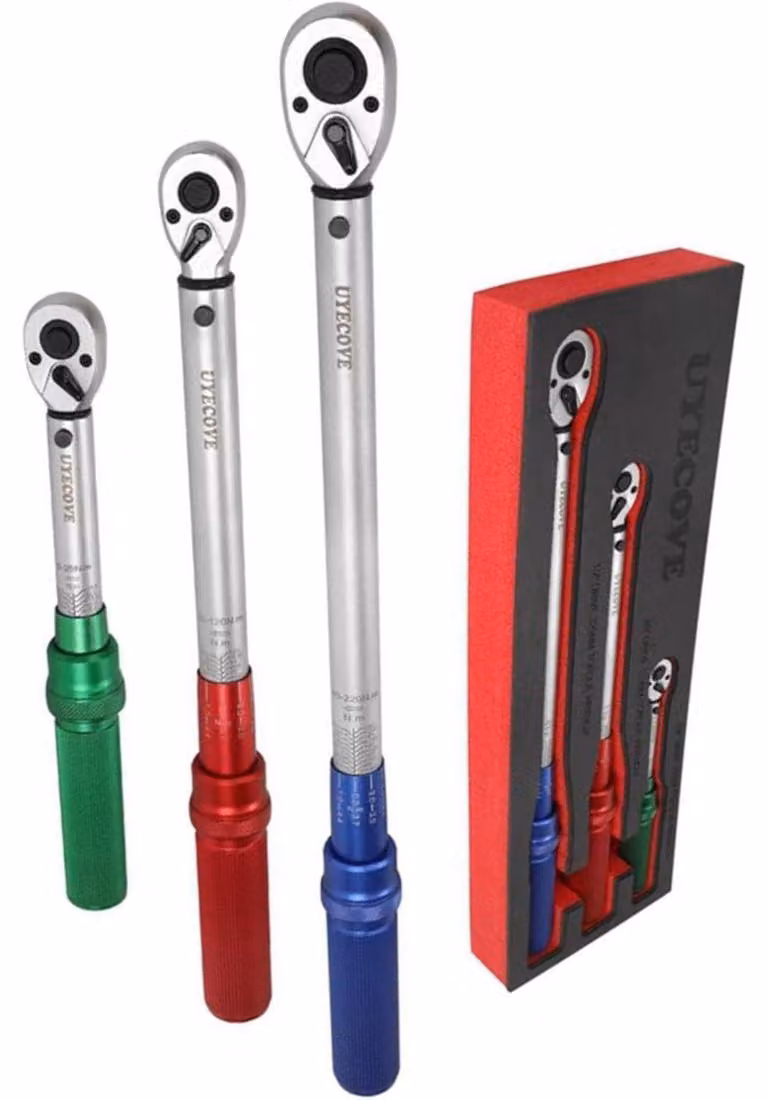 Set di chiavi dinamometriche, 3 pezzi: 1/4" da 5-25 Nm, 3/8" da 20-120 Nm, 1/2" da 40-220 Nm, precisione ±3%