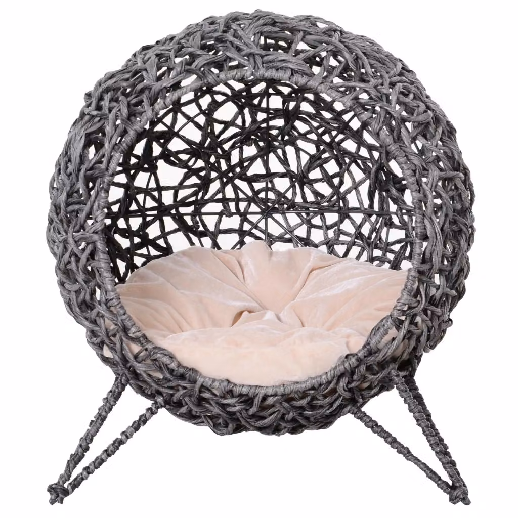 Cuccia per gatti rialzata XYLO con cuscino in rattan e metallo, grigio, L: 52 cm, H: 58 cm – 2