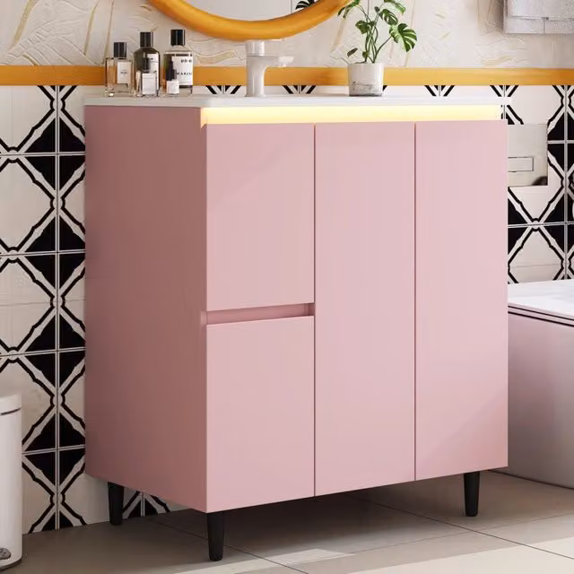 Mobile lavabo da bagno 76x47x89 cm con lavabo integrato e luce LED con sensore in MDF e ceramica rosa