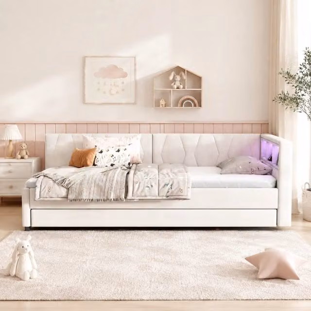Letto Mivray con letto estraibile e rete a doghe, dotato di porte USB, Type-C, illuminazione LED multicolore e vani contenitore, colore beige, L/P: 90 x 200 cm