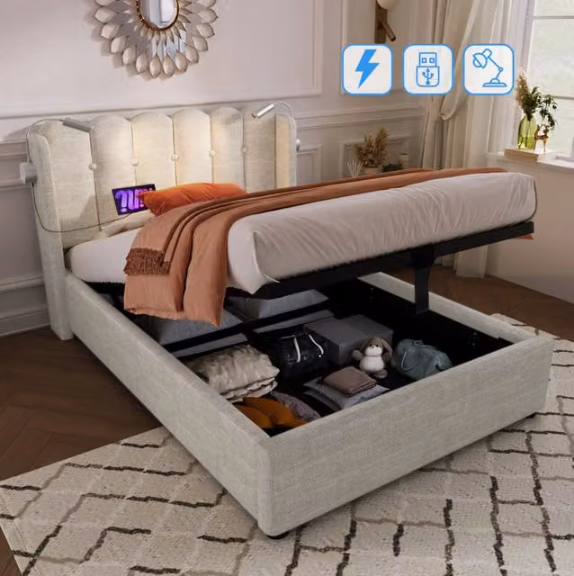 Letto contenitore 90x200 cm in lino naturale con luce da lettura e USB, senza materasso