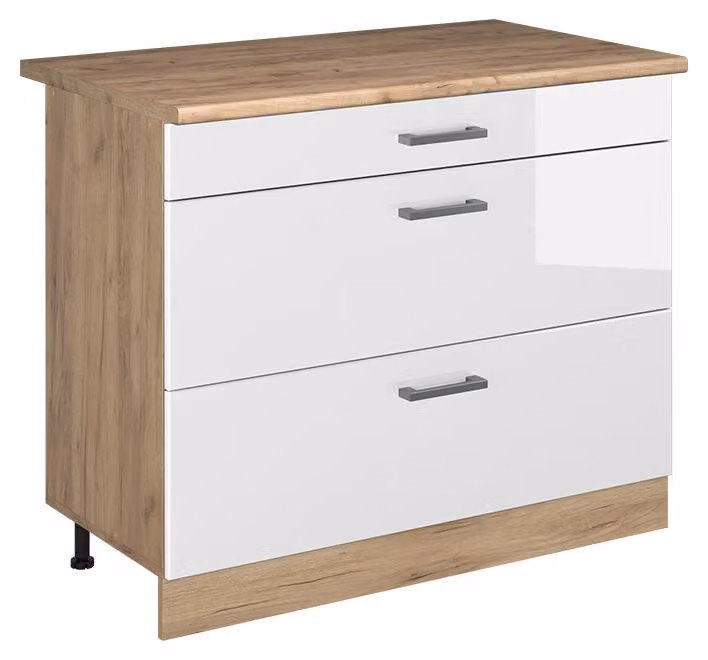 Mobiletto base per cucina Vicco R-Line Bianco lucido/Rovere dorato 100 cm piano di lavoro Rovere dorato, Model 71653