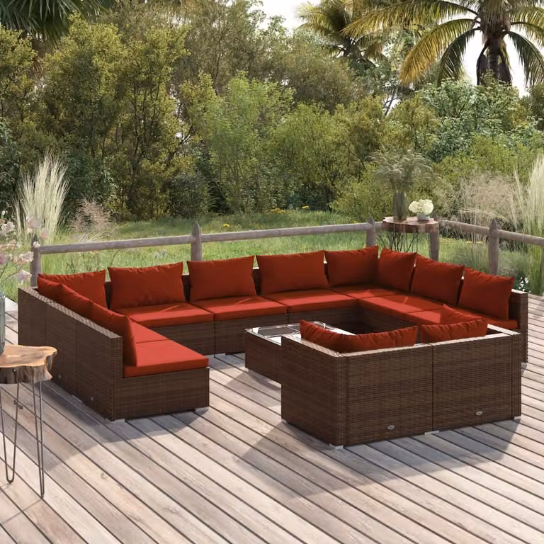 The Living Store Set salotto da giardino 12 pezzi con cuscini in poly rattan marrone