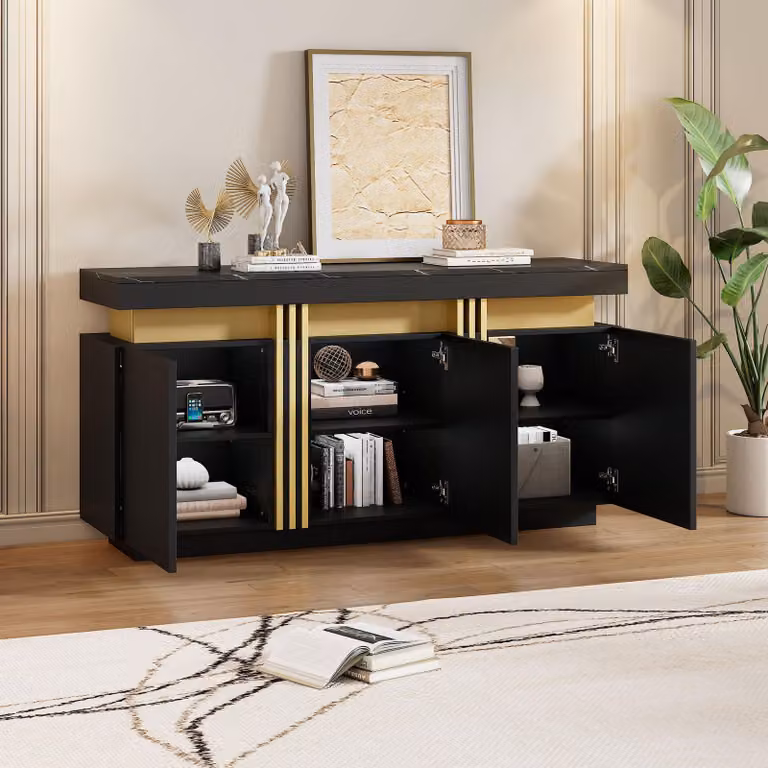 Credenza Merax nera con effetto marmo, 140x38x70cm, 3 ante, mobile da sala da pranzo con ripiani regolabili, mobile da soggiorno, accenti platino