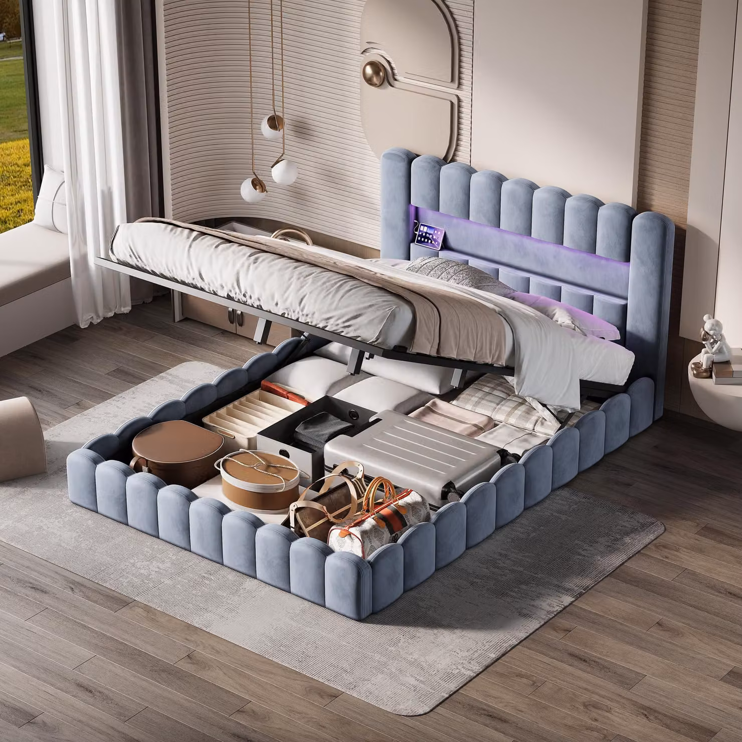 Letto imbottito 180x200 cm con contenitore, rivestito in velluto grigio, sistema LED, prese USB e Type-C, spazio contenitivo idraulico, testiera imbottita, rete a doghe, senza materasso