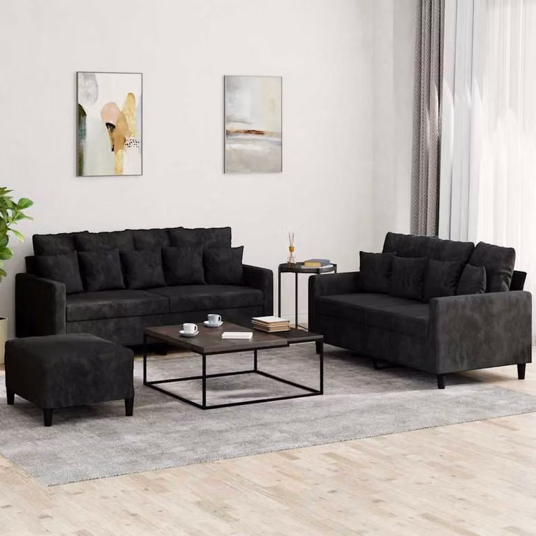 Set di divani 3 pezzi vidaXL in velluto nero con cuscini per soggiorno in stile moderno