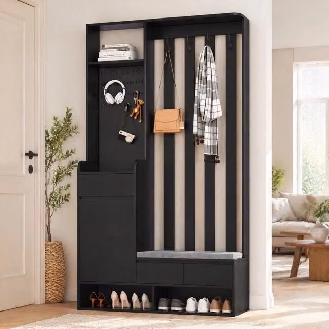 Appendiabiti da ingresso multifunzione MODFU con panca, pannello forato, 4 ganci e cassetto, nero; H 180 x L 100 x P 35 cm