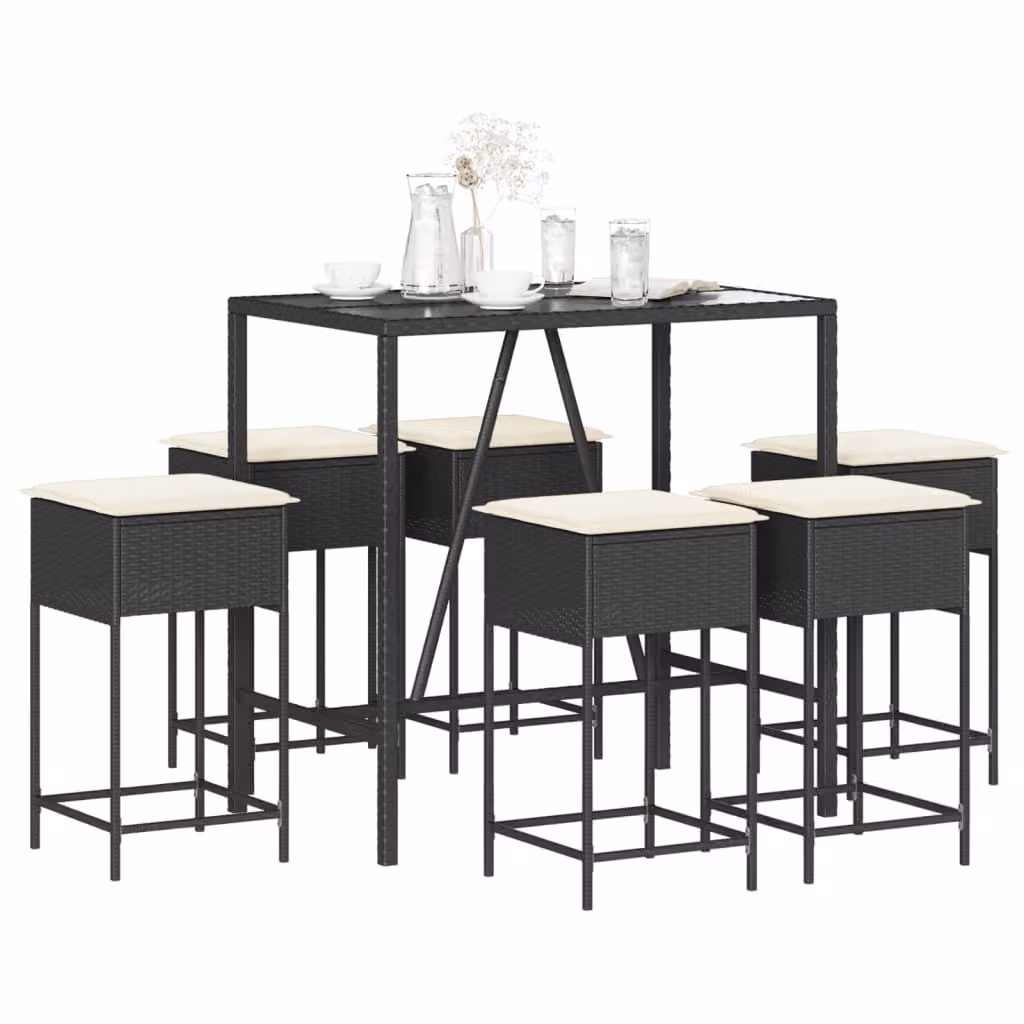 Set Bar da Giardino vidaXL in Polyrattan e Metallo con Cuscini e Tavolo in Vetro, 7 Pezzi, Nero e Bianco