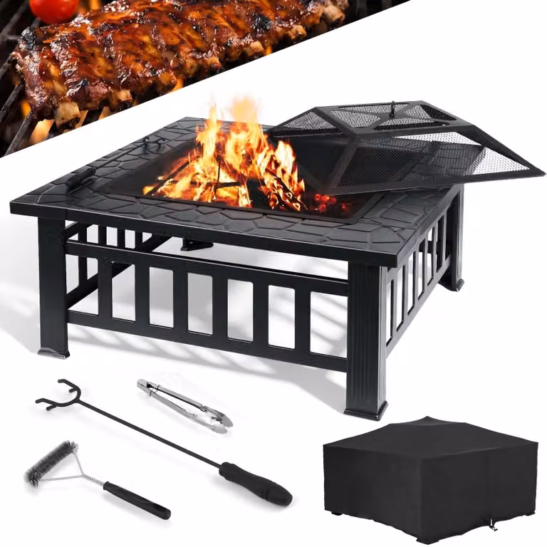 Braciere da esterno da 81 cm - Camino da giardino - Griglia protettiva e coperchio - Griglia per barbecue - Copertura - Design a 4 gambe - Set di accessori con gancio per brace e pinza