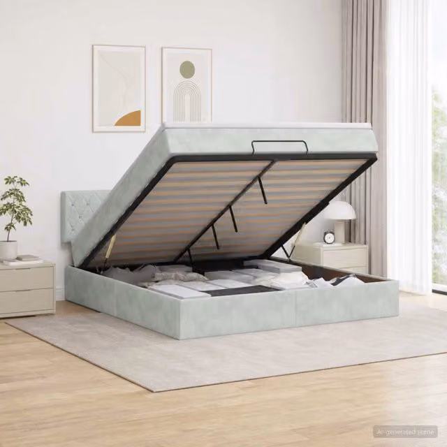 Letto ottomano con contenitore a sollevamento vidaXL in velluto grigio L 140 x P 190 cm
