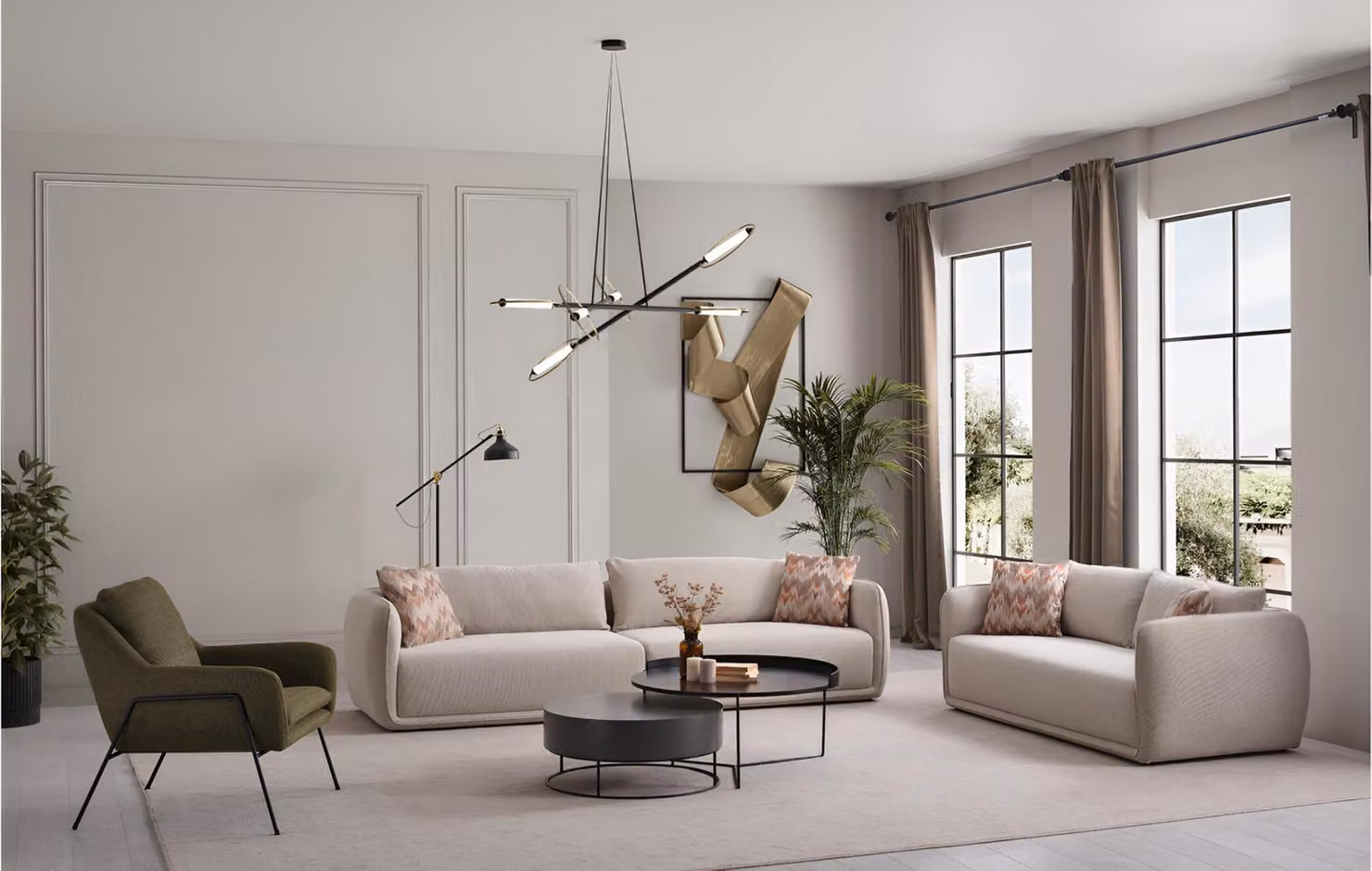 Stilvolle Beige Sofagarnitur Moderner 4-Sitzer 2-Sitzer Textilsessel