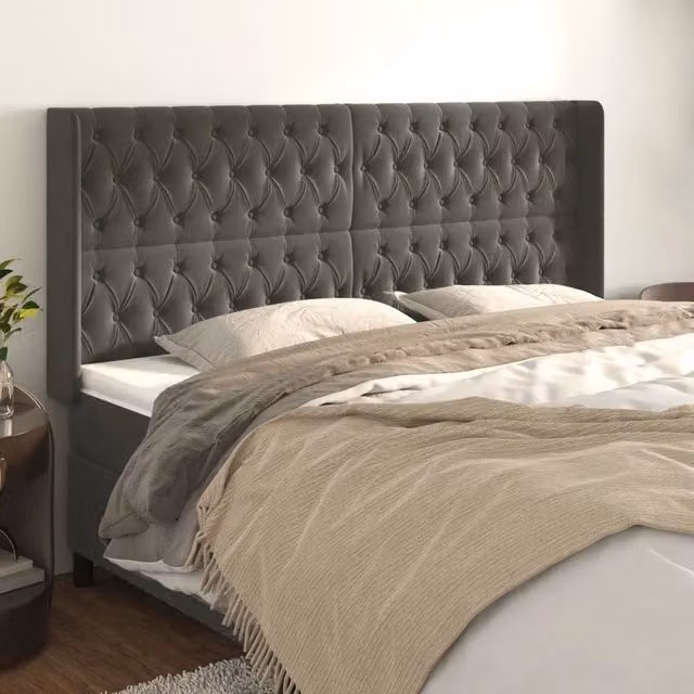 Testiera ad orecchio vidaXL in velluto grigio con struttura in legno e MDF, L: 203 cm, P: 16 cm, H: 118/128 cm